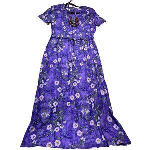 Vintage J.B.S. Ltd. Purple Floral Maxi Dress Sz 10 with beaded necklace
